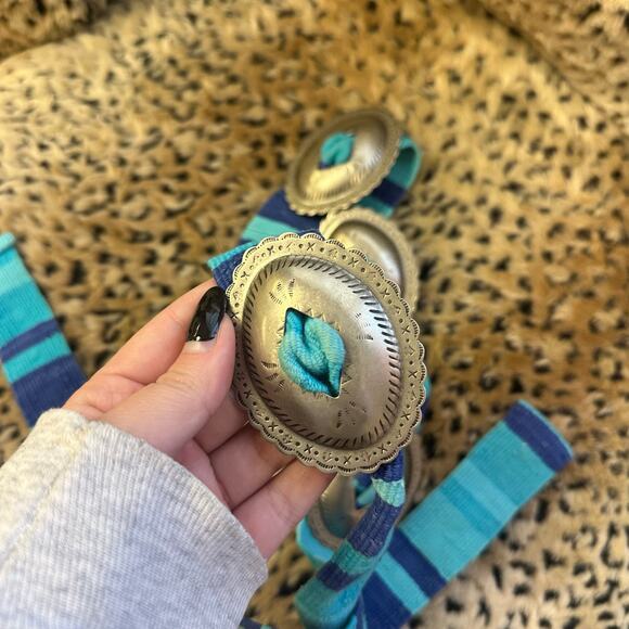 Concho Belt with Blue Turquoise Stripe Fabric Band Statement Belt